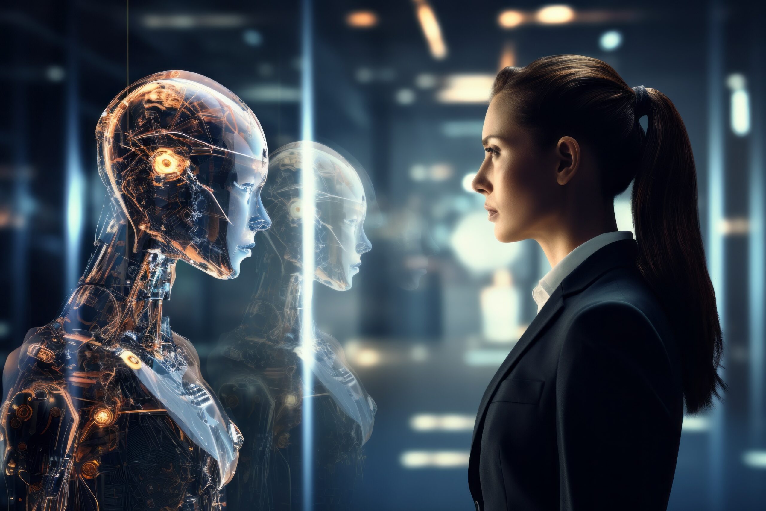 Business professional facing an AI robot, symbolizing collaboration between human intelligence and AI to boost productivity and efficiency
