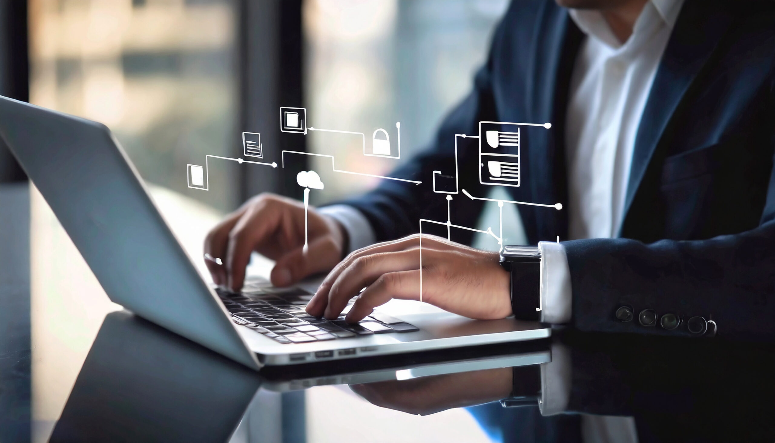 Business professional using a laptop with digital icons representing streamlined operations and department-specific AI assistants.