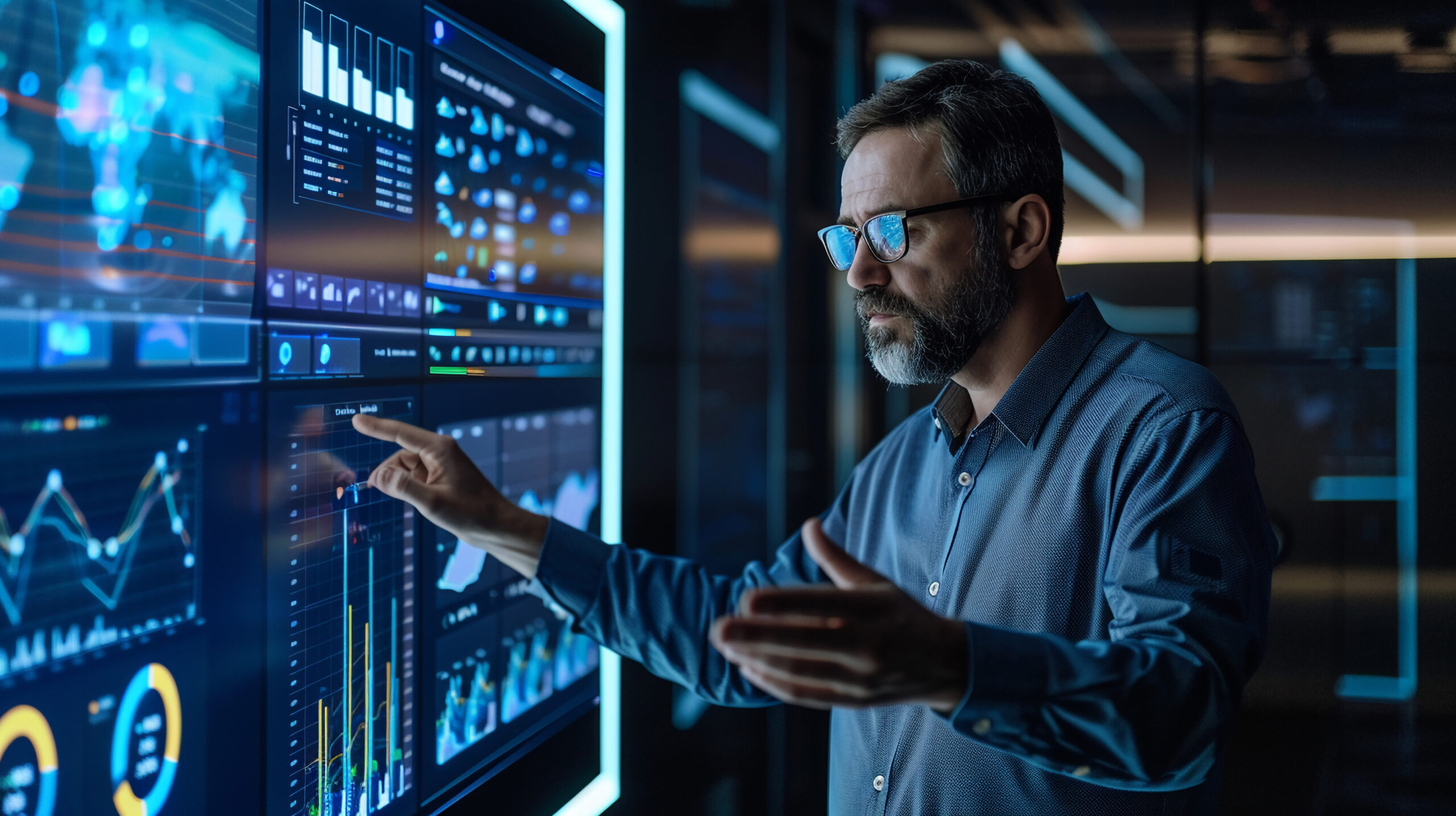 Business professional analyzing data on a large digital display using AI-powered tools for business intelligence