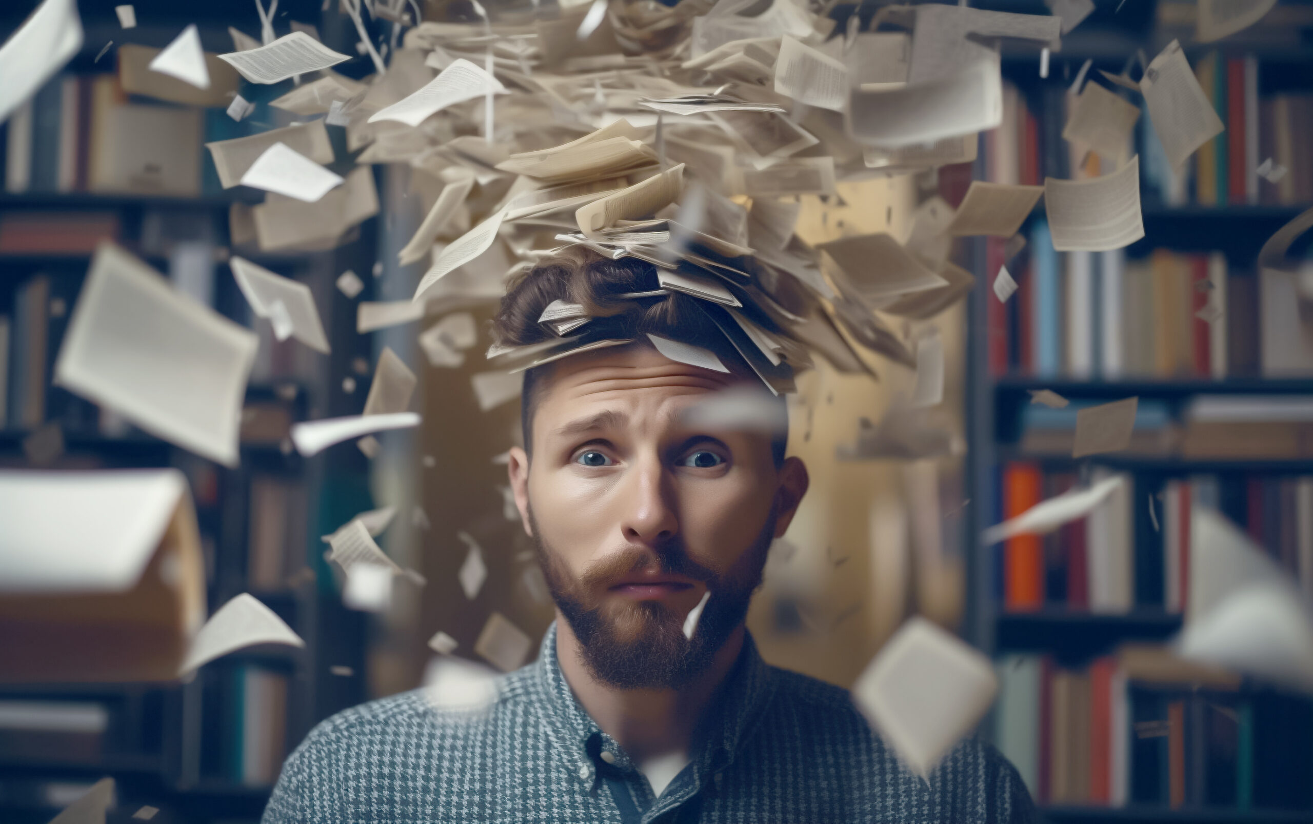 Overwhelmed businessman surrounded by flying documents, symbolizing data overload.